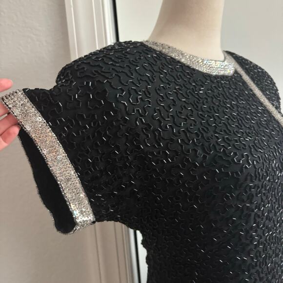 VTG 80s Saks Fifth Avenue Black Silk Beaded Nights Cocktail Bow Dress S Holiday - Picture 12 of 14